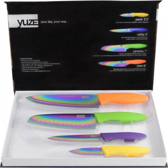Kit 4 Facas em Aço Inox Revestidas em Titânio YUZE por 0,00 à vista no boleto/pix ou parcele em até 1x sem juros. Compre na loja Mundomax!
