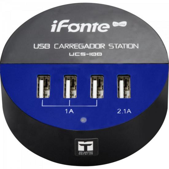 Carregador USB 4 Portas UCS-100 Preto/Azul EXBOM por 0,00 à vista no boleto/pix ou parcele em até 1x sem juros. Compre na loja Mundomax!