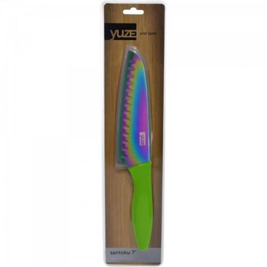 Faca em Aço Inox Revestida em Titânio SANTOKU 7\" Verde YUZE por 0,00 à vista no boleto/pix ou parcele em até 1x sem juros. Compre na loja Mundomax!