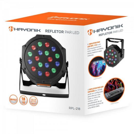 Refletor 18 LEDs 7 Canais DMX512 PAR LED RPL 218 Preto HAYONIK por 0,00 à vista no boleto/pix ou parcele em até 1x sem juros. Compre na loja Mundomax!