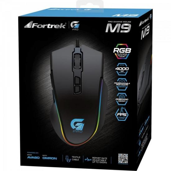 Mouse Gamer PRO M9 RGB Preto FORTREK por 139,90 à vista no boleto/pix ou parcele em até 5x sem juros. Compre na loja Mundomax!