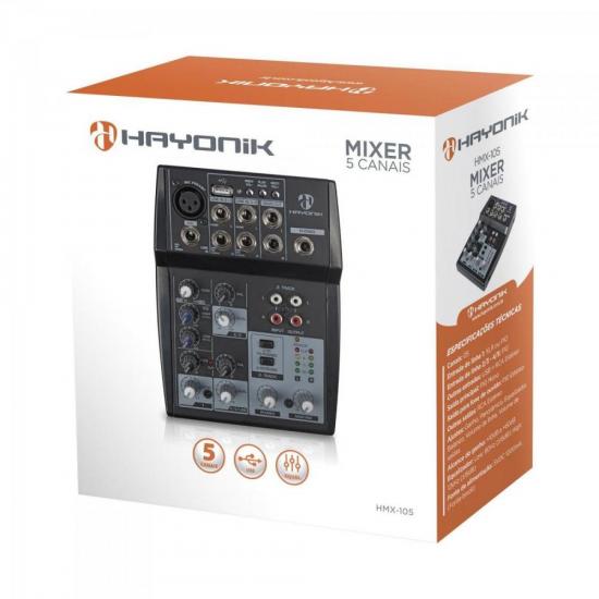 Mesa de Som 5 Canais USB HMX-105 Preta HAYONIK por 399,90 à vista no boleto/pix ou parcele em até 10x sem juros. Compre na loja Mundomax!