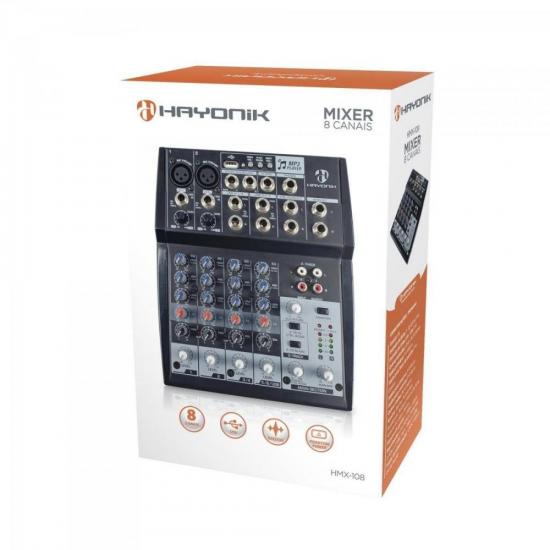 Mesa de Som 8 Canais USB HMX-108 Preta HAYONIK por 0,00 à vista no boleto/pix ou parcele em até 1x sem juros. Compre na loja Mundomax!