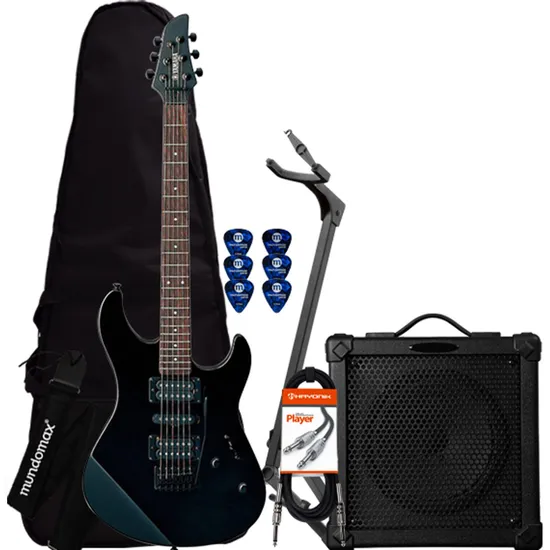 Kit Guitarra YAMAHA Strato 2H1S RGX121Z Preta + Cubo + Acessórios (67880)