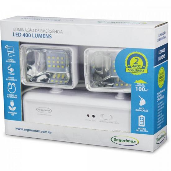 Iluminação Emergência 2 Faróis LED 400 Lúmens SEGURIMAX por 0,00 à vista no boleto/pix ou parcele em até 1x sem juros. Compre na loja Mundomax!