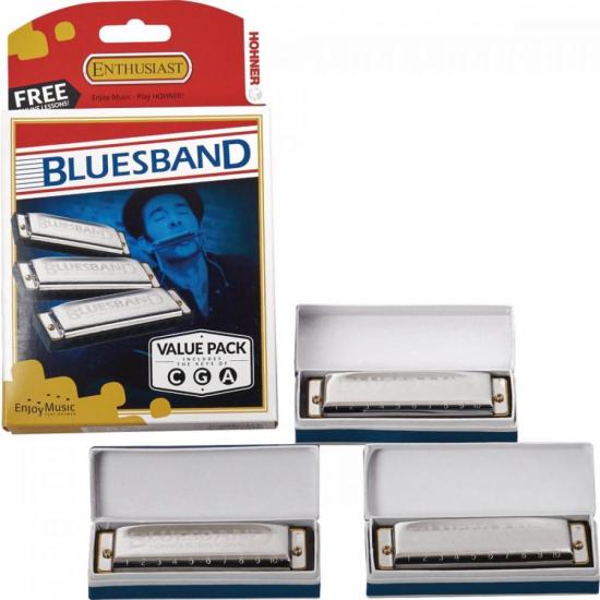 Kit com 3 Gaitas HOHNER Harmonicas Blue Band (69303)