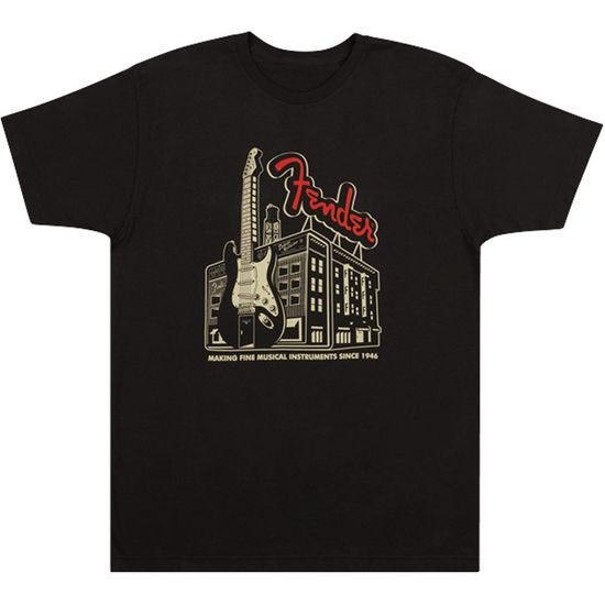 Camiseta FENDER \"G\" AMP Building Coal por 90,90 à vista no boleto/pix ou parcele em até 3x sem juros. Compre na loja Mundomax!