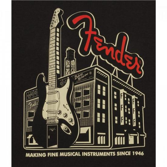 Camiseta FENDER \"G\" AMP Building Coal por 90,90 à vista no boleto/pix ou parcele em até 3x sem juros. Compre na loja Mundomax!