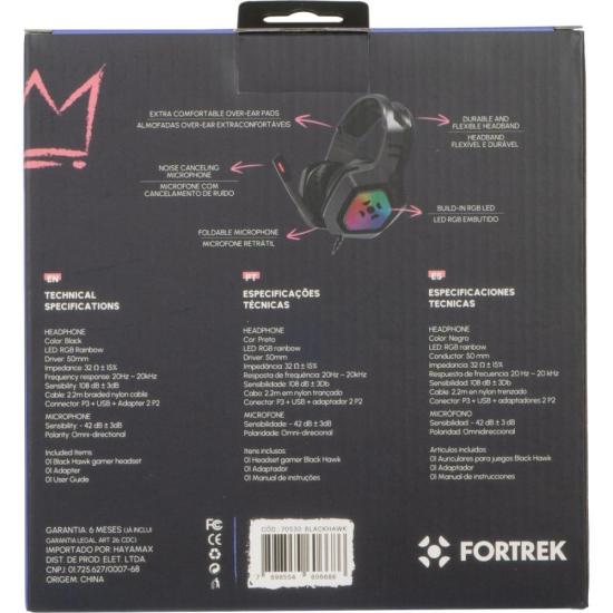 Headset Gamer Fortrek Black Hawk P2 + USB RGB Preto por 172,00 à vista no boleto/pix ou parcele em até 6x sem juros. Compre na loja Mundomax!