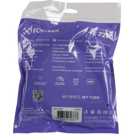Cabo HDMI 2.0 4K 3M HD203 Fortrek FK 725C por 20,00 à vista no boleto/pix ou parcele em até 1x sem juros. Compre na loja Mundomax!