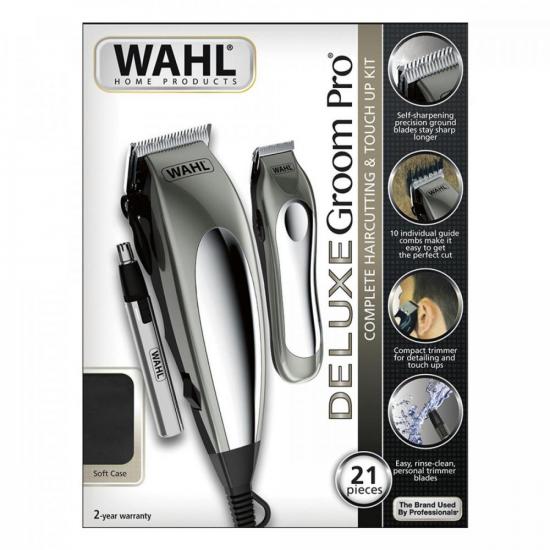 Kit de Máquina de Corte e Aparador Wahl Deluxe Groom Pro 127V por 293,90 à vista no boleto/pix ou parcele em até 10x sem juros. Compre na loja Mundomax!