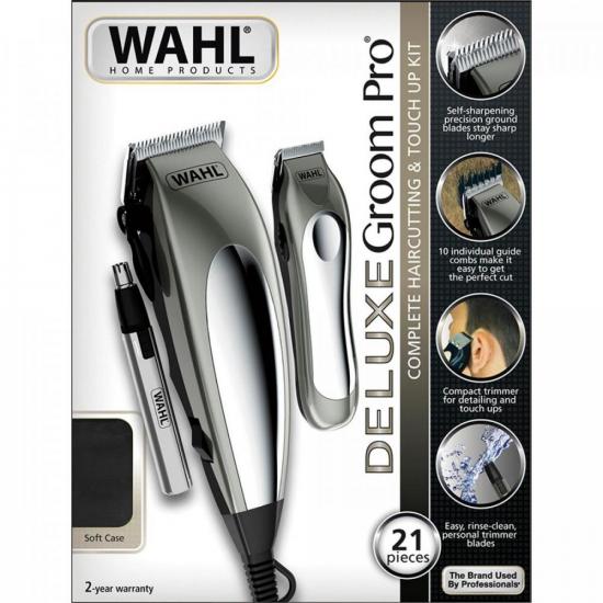 Kit de Máquina de Corte e Aparador Wahl Deluxe Groom Pro 220V por 377,00 à vista no boleto/pix ou parcele em até 10x sem juros. Compre na loja Mundomax!