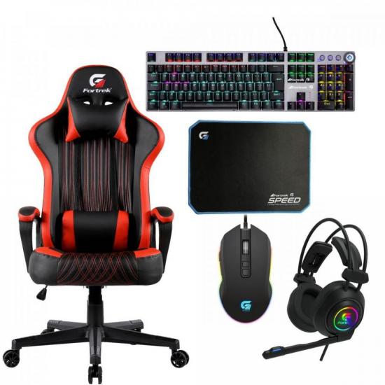 Kit Cadeira Gamer FORTREK Vickers Preta/Vermelha + Acessórios (71910)
