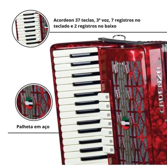 Acordeon 80 Baixos CD80/37 Vinho Pérola CADENZA por 7.099,00 à vista no boleto/pix ou parcele em até 12x sem juros. Compre na loja Mundomax!
