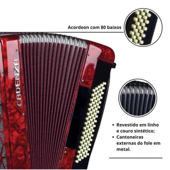 Acordeon 80 Baixos CD80/37 Vinho Pérola CADENZA por 7.099,00 à vista no boleto/pix ou parcele em até 12x sem juros. Compre na loja Mundomax!