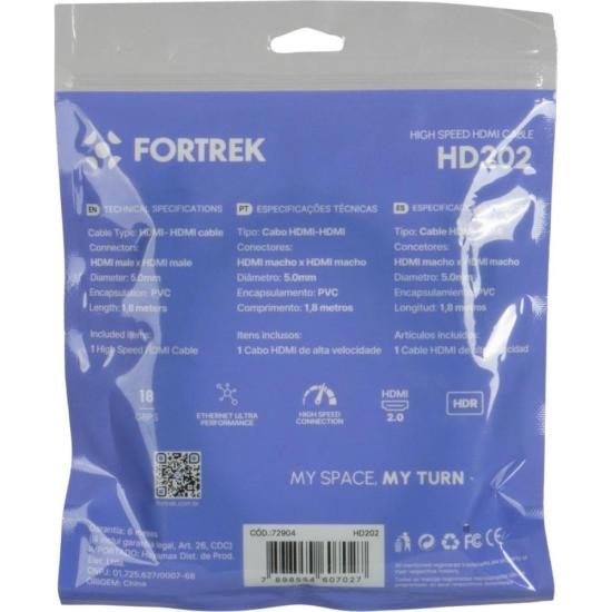 Cabo HDMI 2.0 4K 1,8m HD202 Fortrek FK 723C por 11,72 à vista no boleto/pix ou parcele em até 1x sem juros. Compre na loja Fortrek!
