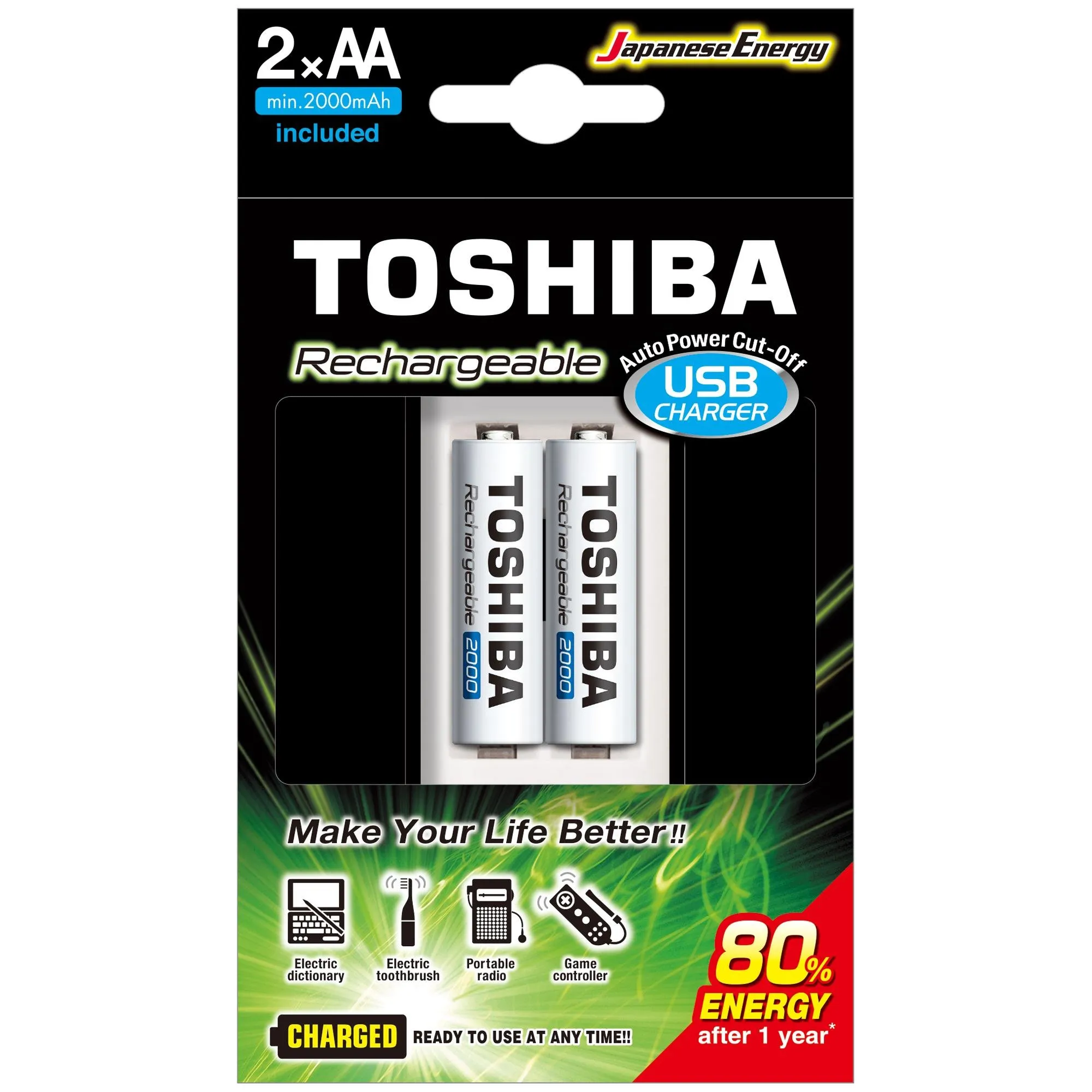 Carregador de Pilha USB TNHC-6GME2 CB (C/2 Pilhas AA 2000 MAh) Toshiba (73204)