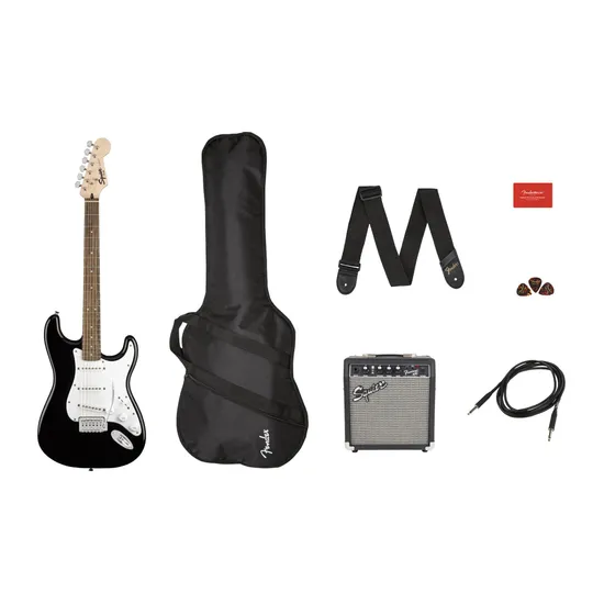 Kit Guitarra SQUIER Stratocaster Preta + Frontman 10G + Acessórios (74236)