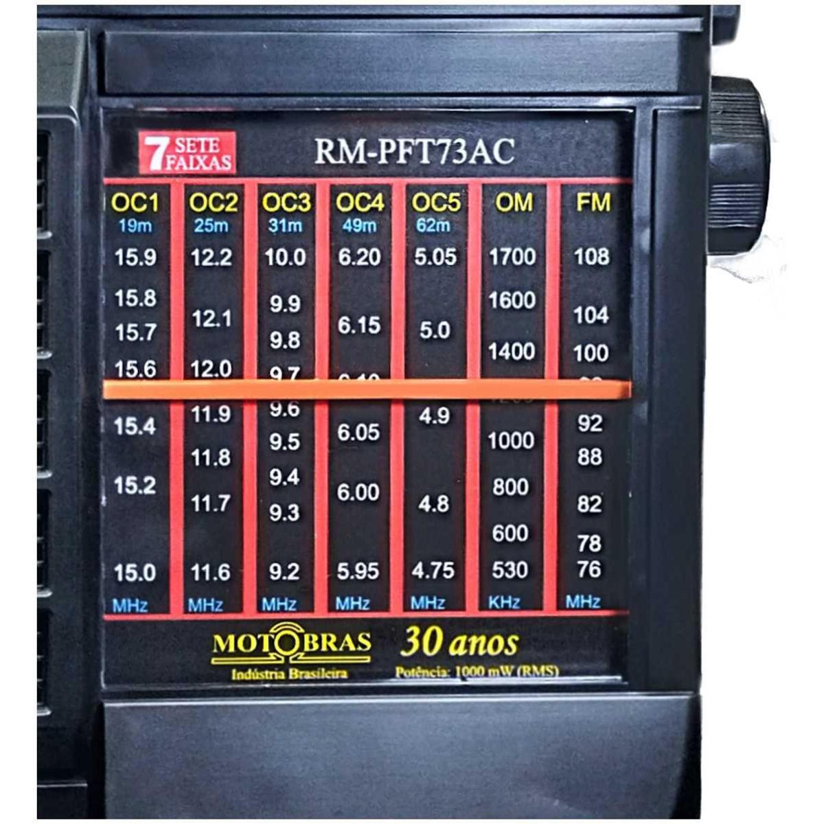 Rádio Portátil Motobras RM-PFT73AC 7 Faixas Preto - Mundomax