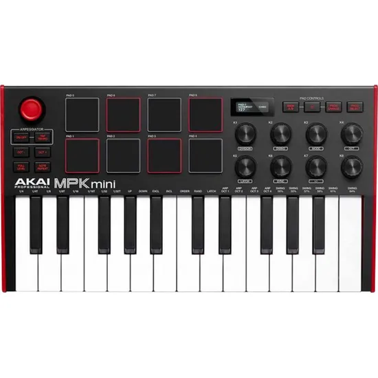 Teclado Controlador AKAI Midi com 8 Pads MPK Mini MK3 Preto/Vermelho (75215)