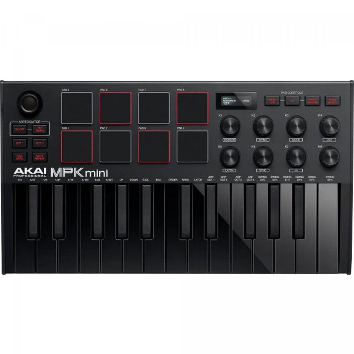 Teclado Controlador AKAI Midi com 8 Pads MPK Mini MK3 Preto