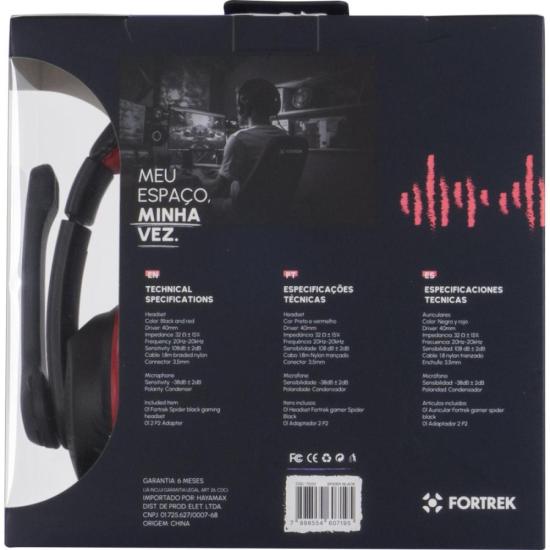 Headset Gamer Fortrek Spider Black P3 Preto/Vermelho por 85,91 à vista no boleto/pix ou parcele em até 3x sem juros. Compre na loja Fortrek!