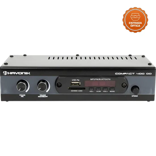 Amplificador Óptico Hayonik Compact 400 OD 40W por 461,99 à vista no boleto/pix ou parcele em até 10x sem juros. Compre na loja Mundomax!