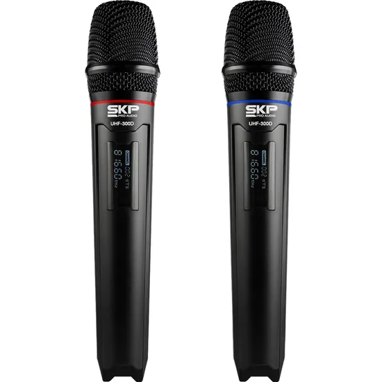 Microfone sem Fio SKP UHF 300D de Mão Duplo Preto (76600)