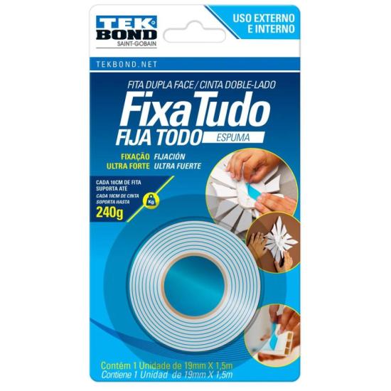 Fita Tudo Dupla Face 19mmx1,5m Branca Tekbond por 9,99 à vista no boleto/pix ou parcele em até 1x sem juros. Compre na loja Mundomax!