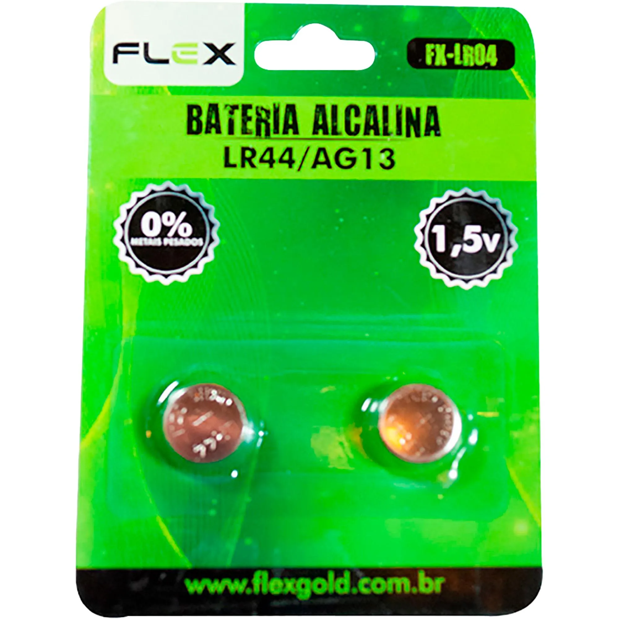 Bateria Botão Alcalina 1,5V LR44 (C/2 Baterias) Flex (77724)
