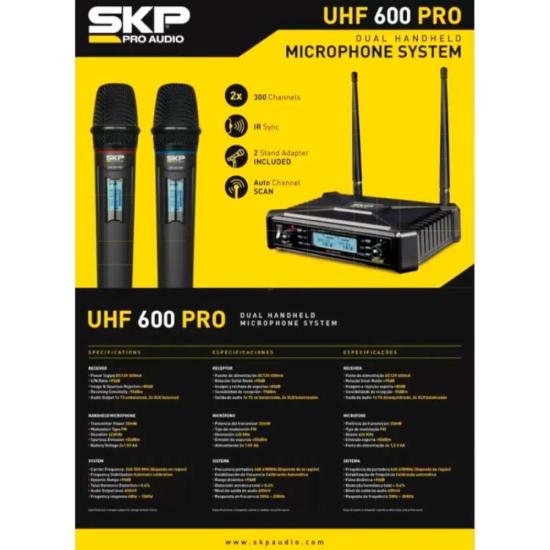 Microfone Skp UHF600 Sem Fio Duplo Pro por 826,90 à vista no boleto/pix ou parcele em até 10x sem juros. Compre na loja Mundomax!