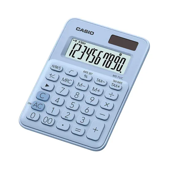 Calculadora De Mesa Casio MS-7UC-LB 10 Dígitos Azul claro por 31,99 à vista no boleto/pix ou parcele em até 1x sem juros. Compre na loja Mundomax!