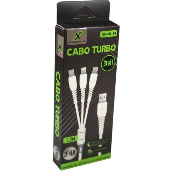 Cabo Turbo 3x1 1,2m Branco Flex por 0,00 à vista no boleto/pix ou parcele em até 1x sem juros. Compre na loja Mundomax!