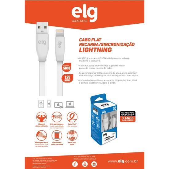 Cabo Lightning S810 1,25m Branco ELG por 28,00 à vista no boleto/pix ou parcele em até 1x sem juros. Compre na loja Mundomax!