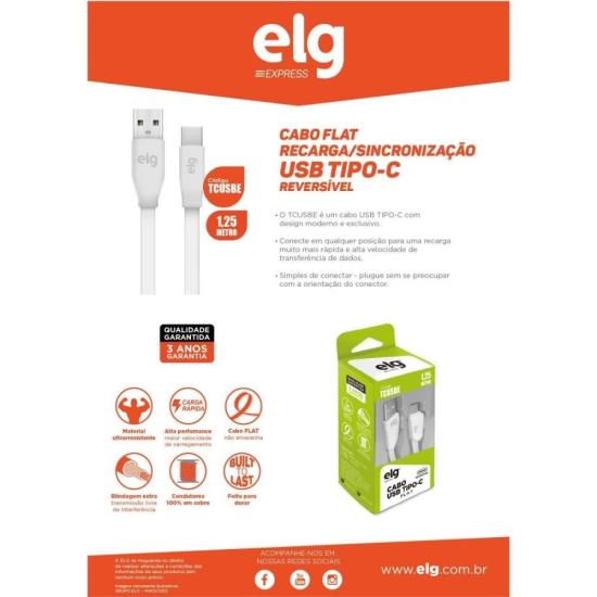 Cabo USB Tipo C TCUSBE 1,25m Branco ELG por 23,00 à vista no boleto/pix ou parcele em até 1x sem juros. Compre na loja Mundomax!