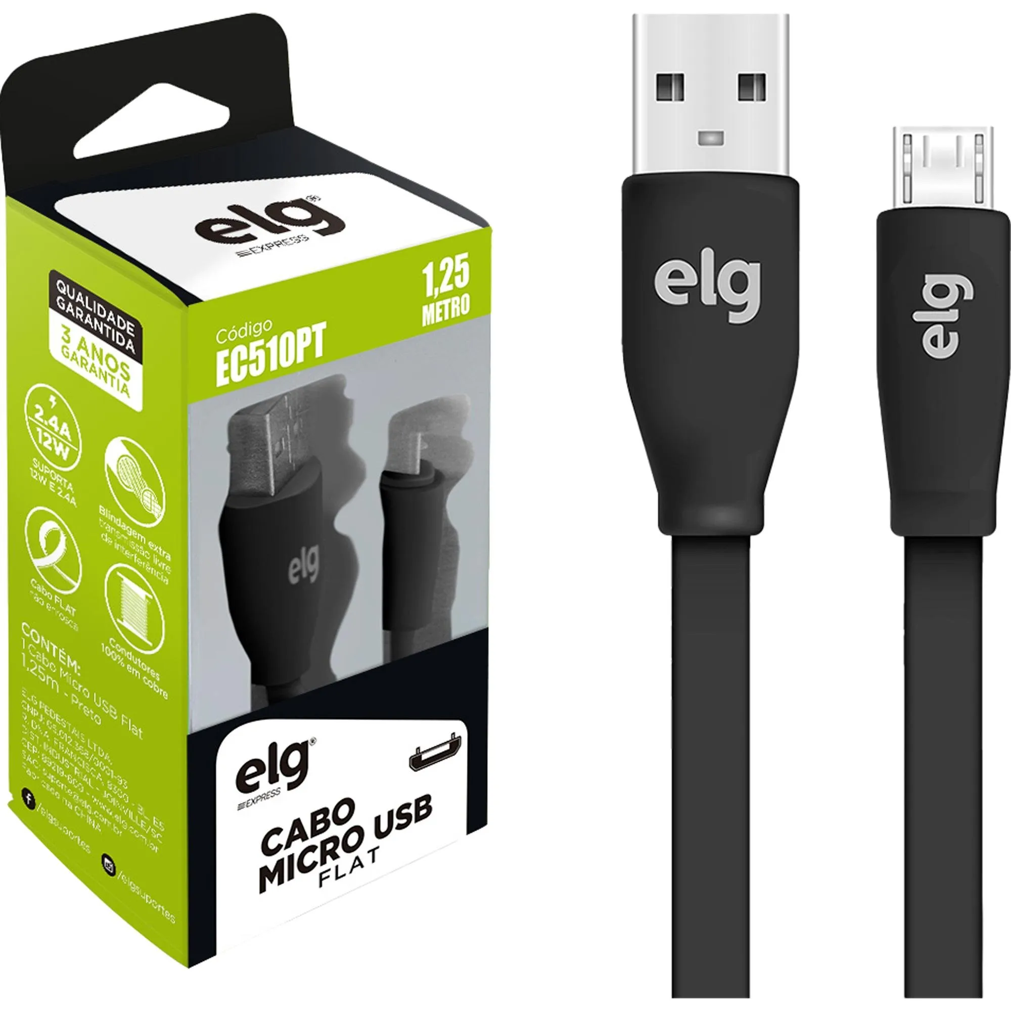 Cabo Flat Micro USB EC510PT 1,25m Preto ELG (81449)