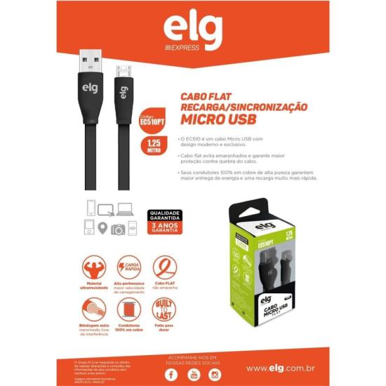 Cabo Flat Micro USB EC510PT 1,25m Preto ELG por 25,00 à vista no boleto/pix ou parcele em até 1x sem juros. Compre na loja Mundomax!