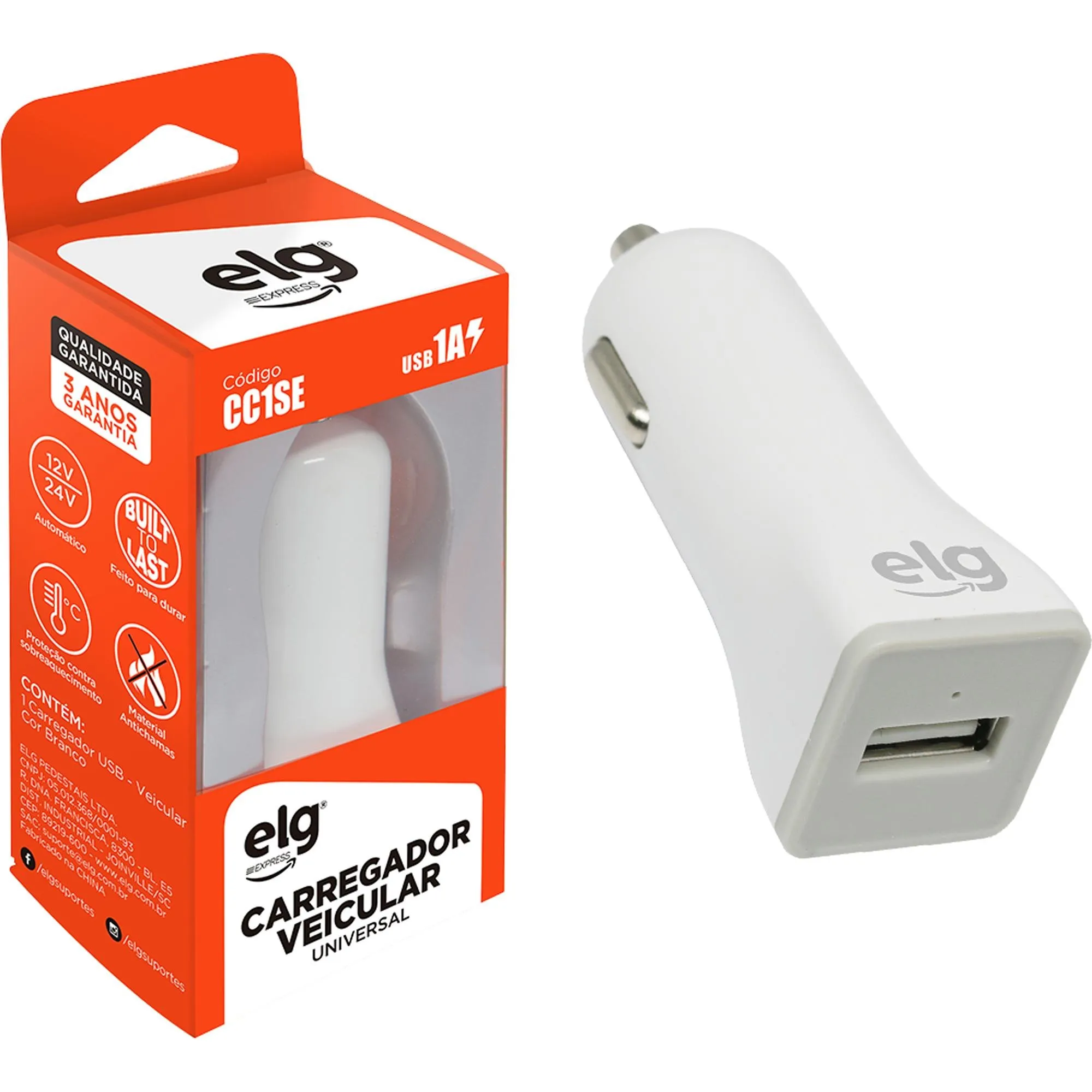 Carregador Veicular Universal USB 1A CC1SE Branco ELG (81451)