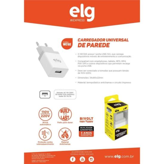 Carregador USB Parede Universal WC1AE Branco Bivolt ELG por 30,00 à vista no boleto/pix ou parcele em até 1x sem juros. Compre na loja Mundomax!
