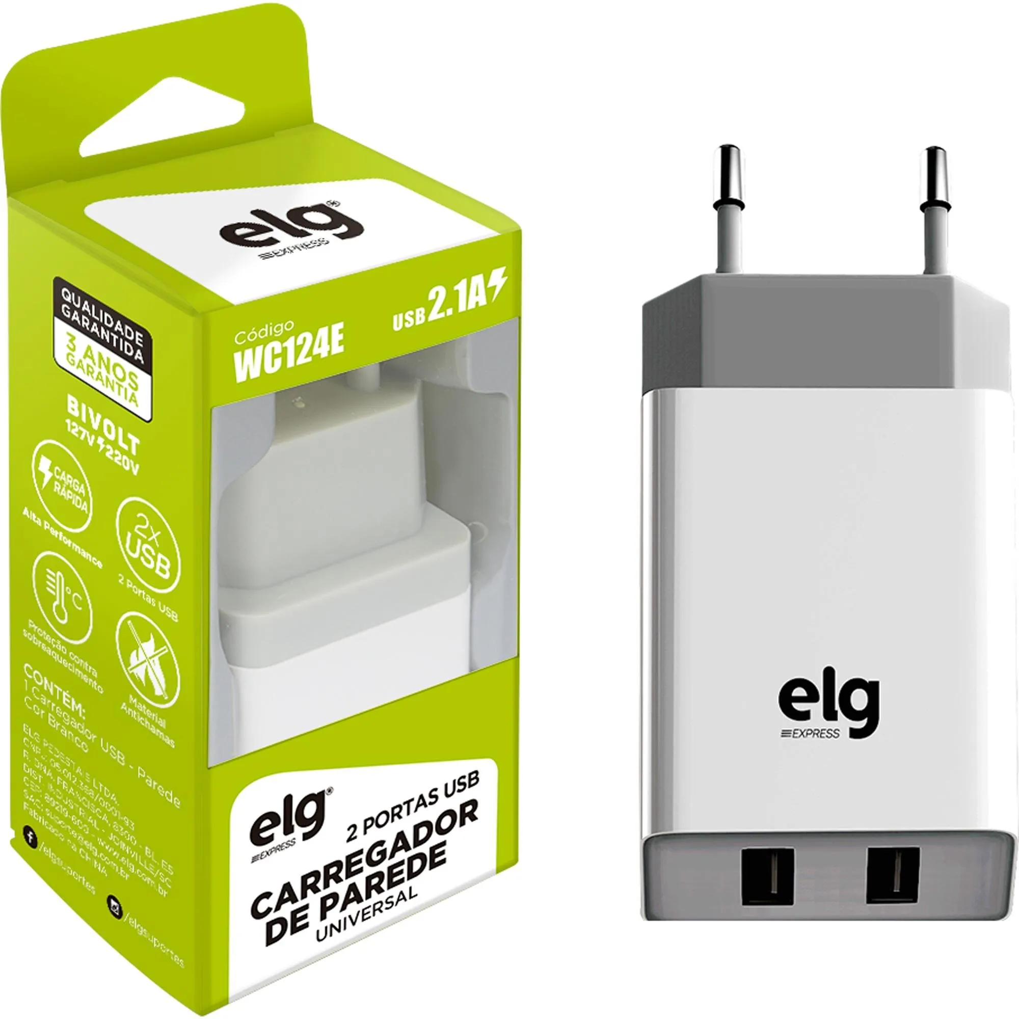 Carregador de Parede Universal WC124E Branco 2P USB ELG por 33,99 à vista no boleto/pix ou parcele em até 1x sem juros. Compre na loja Mundomax!