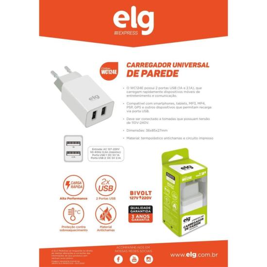 Carregador de Parede Universal WC124E Branco 2P USB ELG por 34,00 à vista no boleto/pix ou parcele em até 1x sem juros. Compre na loja Mundomax!