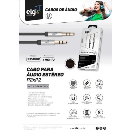 Cabo P2 X P2 P3510HD 1m Preto ELG por 17,99 à vista no boleto/pix ou parcele em até 1x sem juros. Compre na loja Mundomax!
