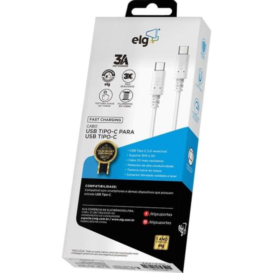 Cabo Reversível USB Tipo C TC2TC Branco ELG por 29,99 à vista no boleto/pix ou parcele em até 1x sem juros. Compre na loja Mundomax!