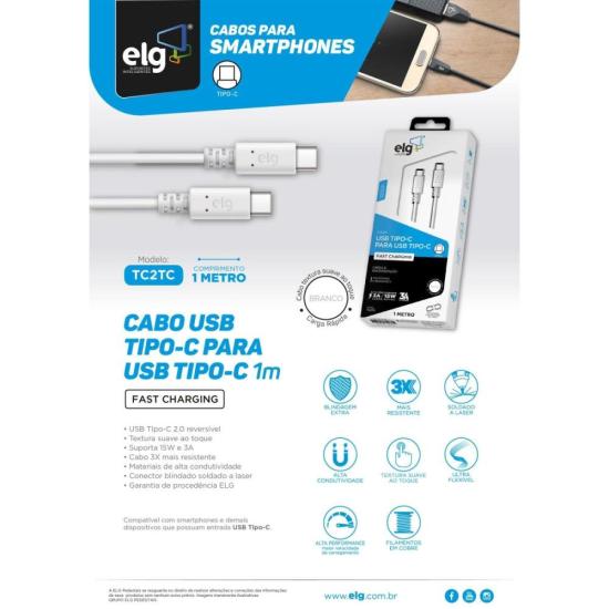 Cabo Reversível USB Tipo C TC2TC Branco ELG por 29,99 à vista no boleto/pix ou parcele em até 1x sem juros. Compre na loja Mundomax!