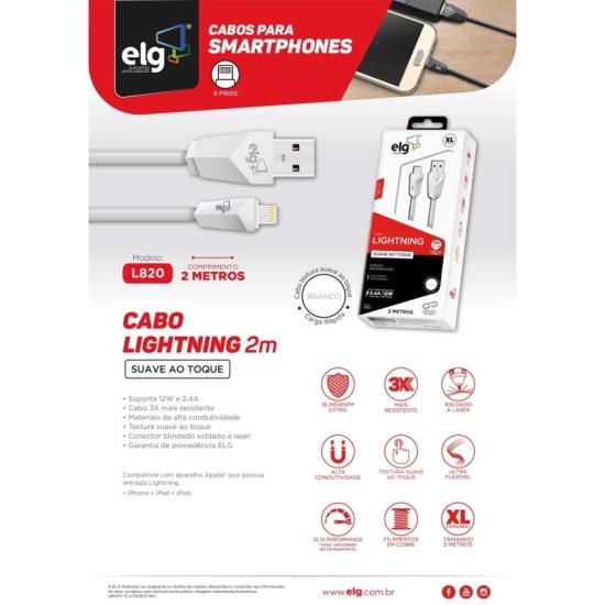 Cabo Lightning Prisma L820 Branco ELG por 33,00 à vista no boleto/pix ou parcele em até 1x sem juros. Compre na loja Mundomax!