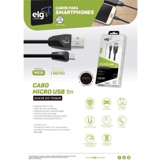 Cabo Micro USB M510 1m Preto ELG por 18,00 à vista no boleto/pix ou parcele em até 1x sem juros. Compre na loja Mundomax!