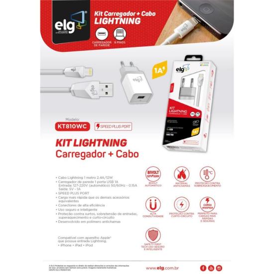 Carregador e Cabo Lightning KT810WC 1m Branco ELG por 52,99 à vista no boleto/pix ou parcele em até 2x sem juros. Compre na loja Mundomax!