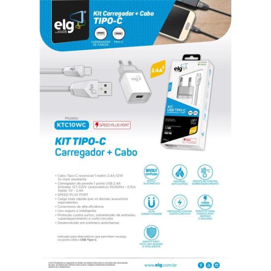 Carregador e Cabo Tipo C KTC10WC Branco ELG por 55,00 à vista no boleto/pix ou parcele em até 2x sem juros. Compre na loja Mundomax!