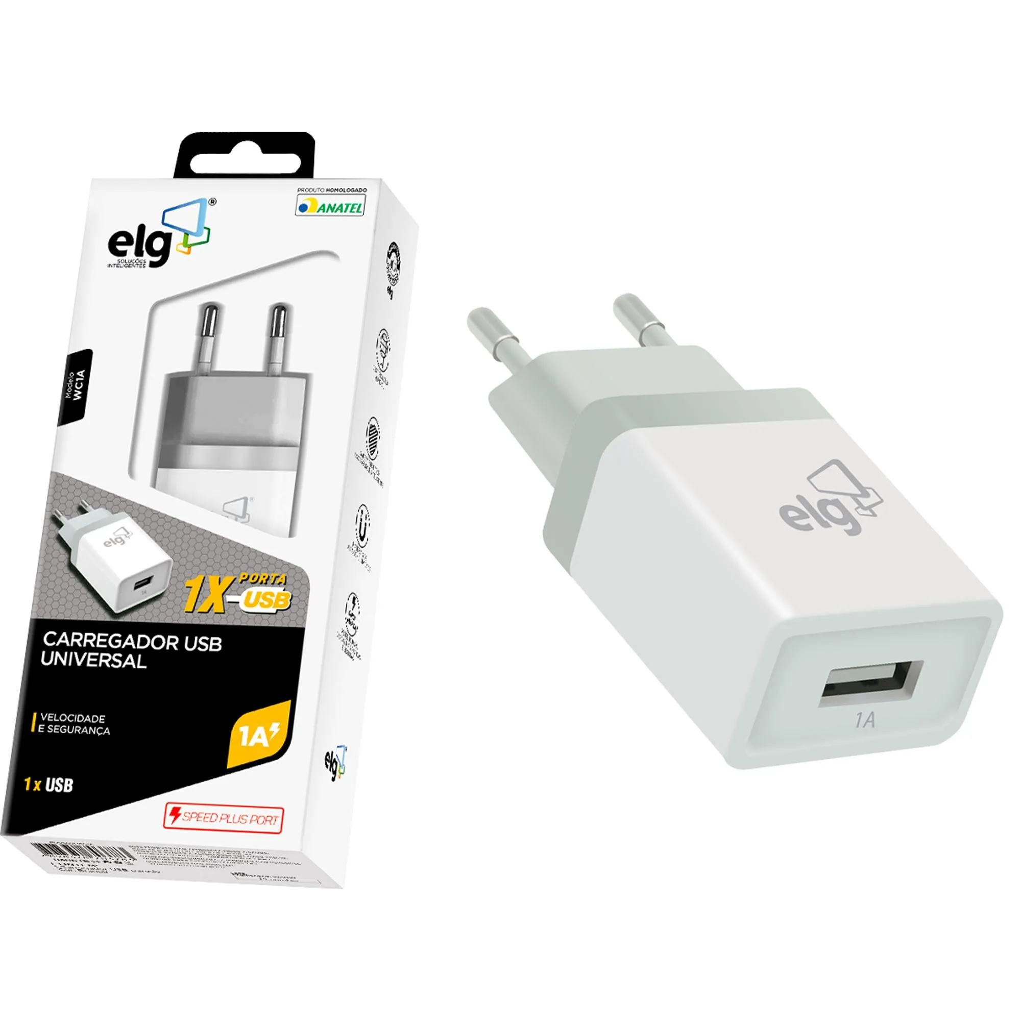 Carregador USB 1A WC1A 1 Saída Branco Bivolt ELG (81462)