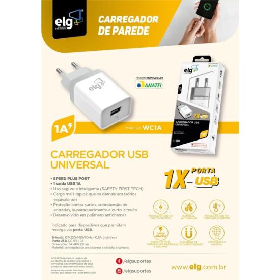 Carregador USB 1A WC1A 1 Saída Branco Bivolt ELG por 31,00 à vista no boleto/pix ou parcele em até 1x sem juros. Compre na loja Mundomax!